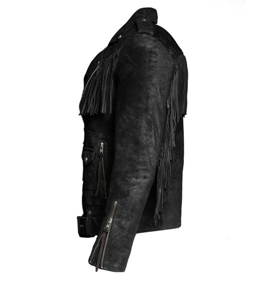 Men's Black Suede Fringe Style Jacket - Western Style Genuine Cow Leather, Tassel Accents, Cowboy Jacket