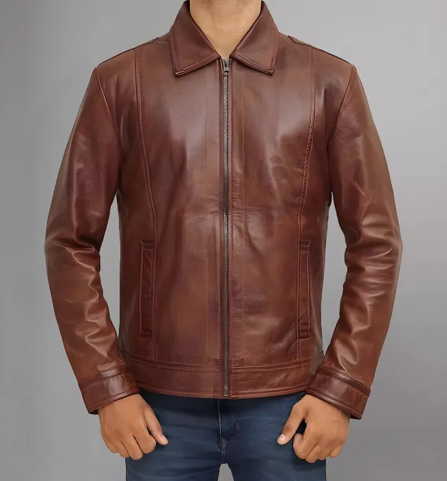 Mens Casual Stylish Brown Fitted Biker Leather Jacket