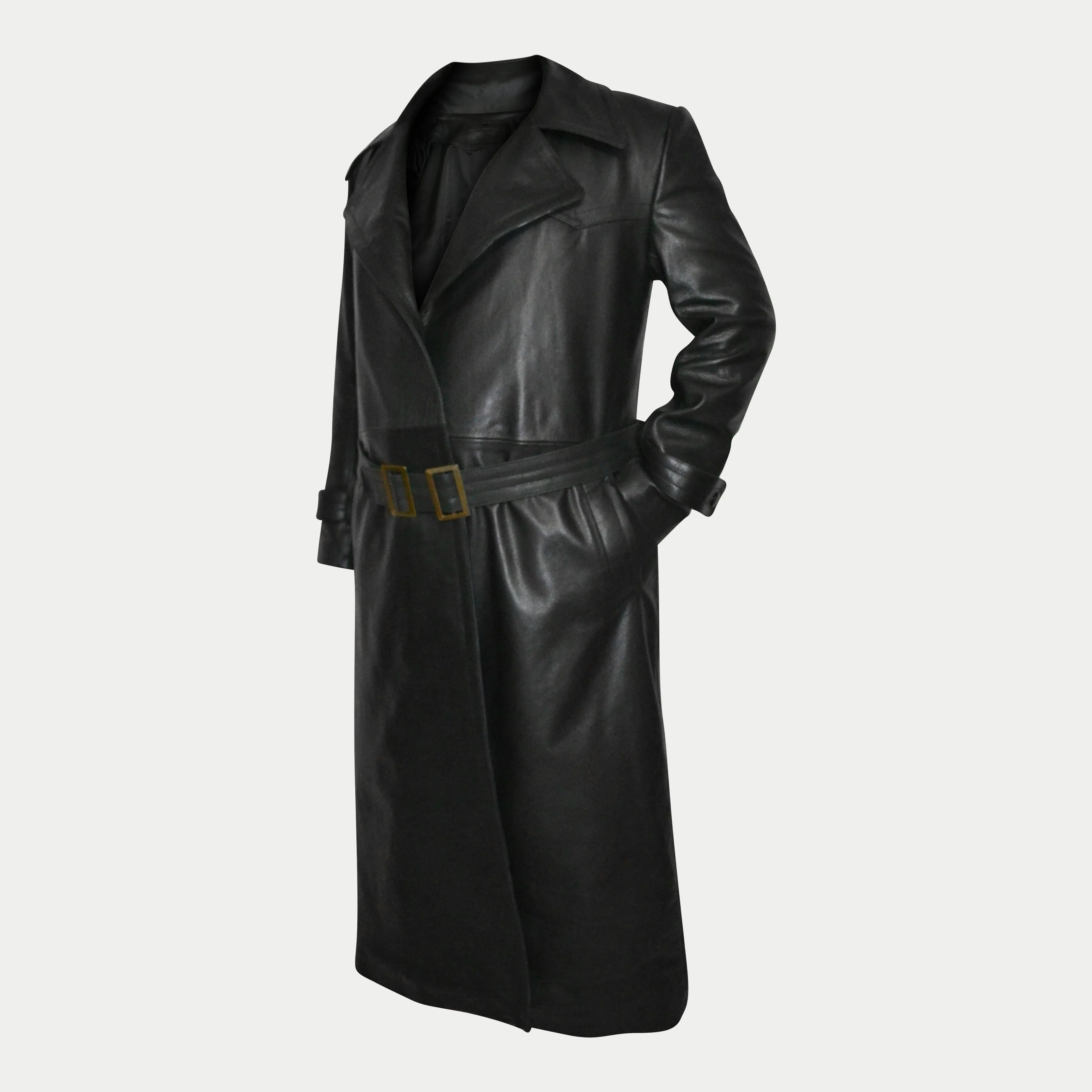 Men's German WWII Wehrmacht SS Officers Long Black Belted Genuine Leather Trench Coat