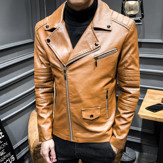 Mens Leather Jacket Slim Turn-down Collar Biker Motorcycle Jacket Men Outerwear Men PU Leather Jacket Coat Men Clothing