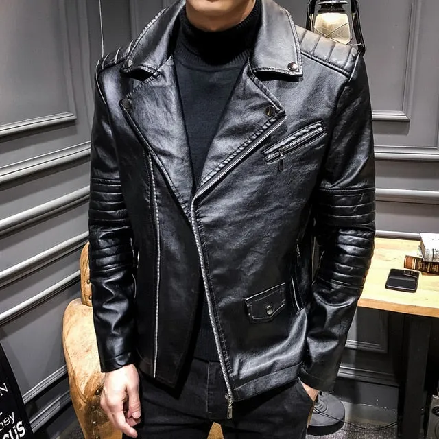 Mens Leather Jacket Slim Turn-down Collar Biker Motorcycle Jacket Men Outerwear Men PU Leather Jacket Coat Men Clothing