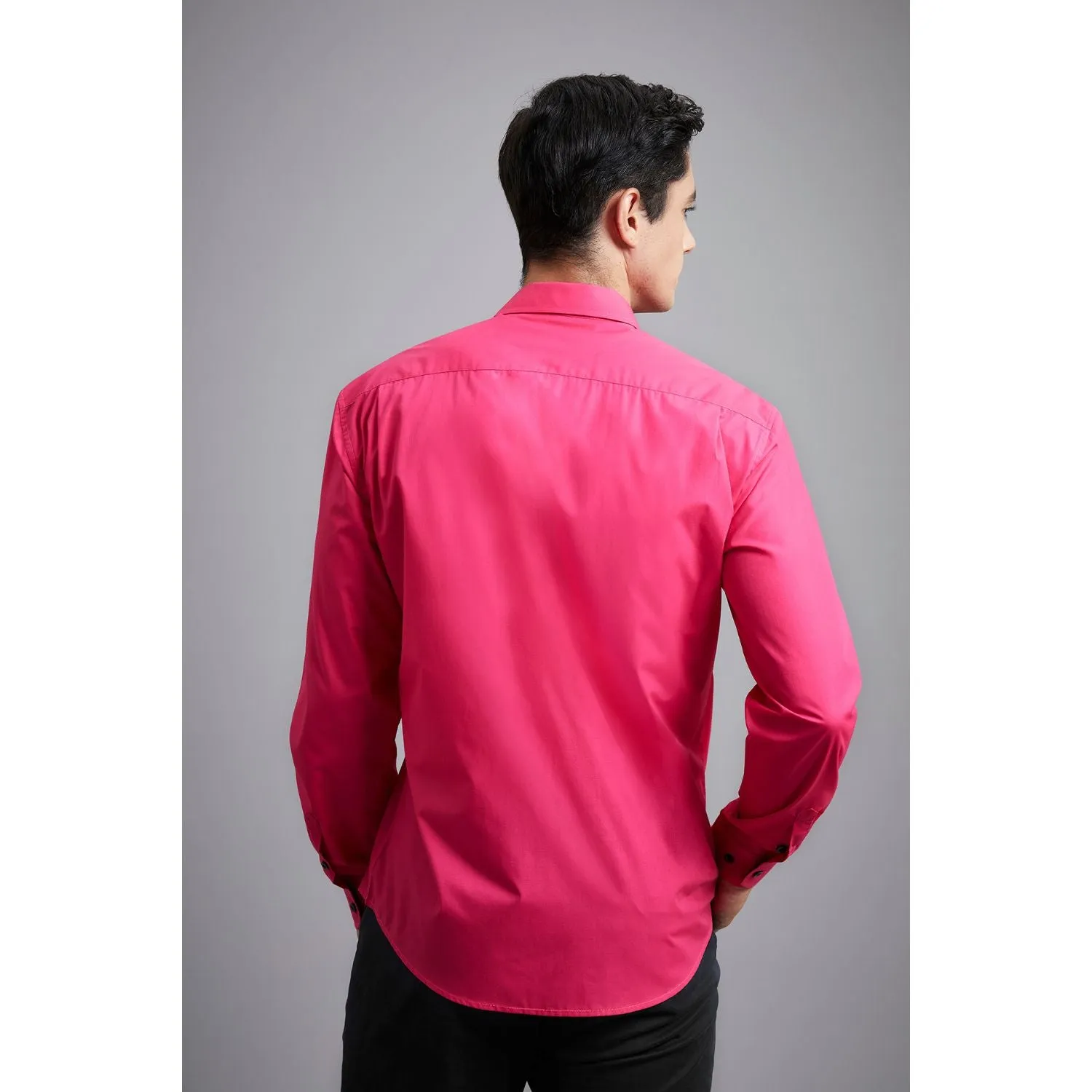 Men's Patchwork Dress Shirt with Pocket - HOT PINK