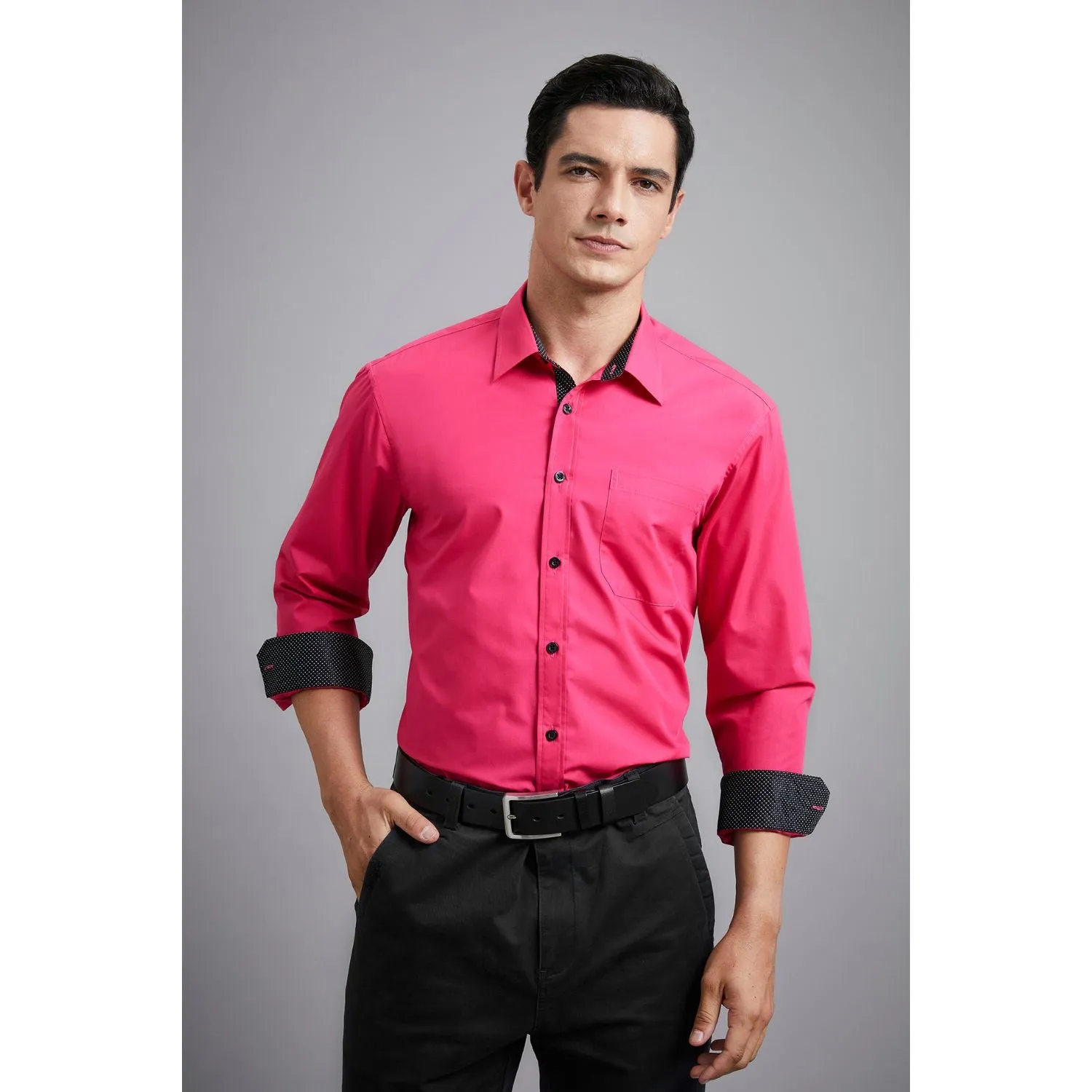 Men's Patchwork Dress Shirt with Pocket - HOT PINK