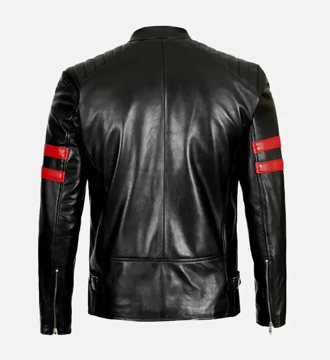 Men’s Red Stripes Black Biker Jacket