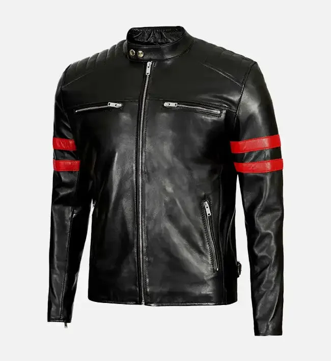 Men’s Red Stripes Black Biker Jacket