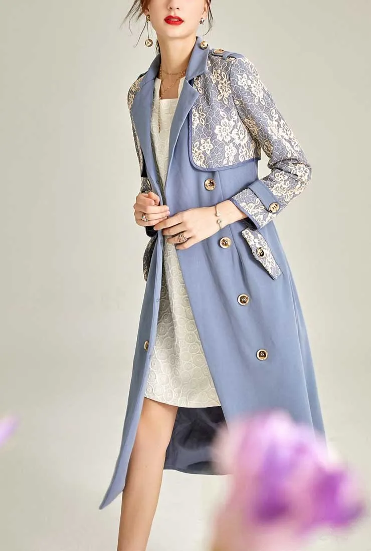 Mid-length Blue Lace Trench Coat