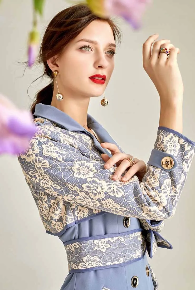 Mid-length Blue Lace Trench Coat