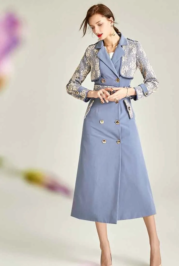 Mid-length Blue Lace Trench Coat