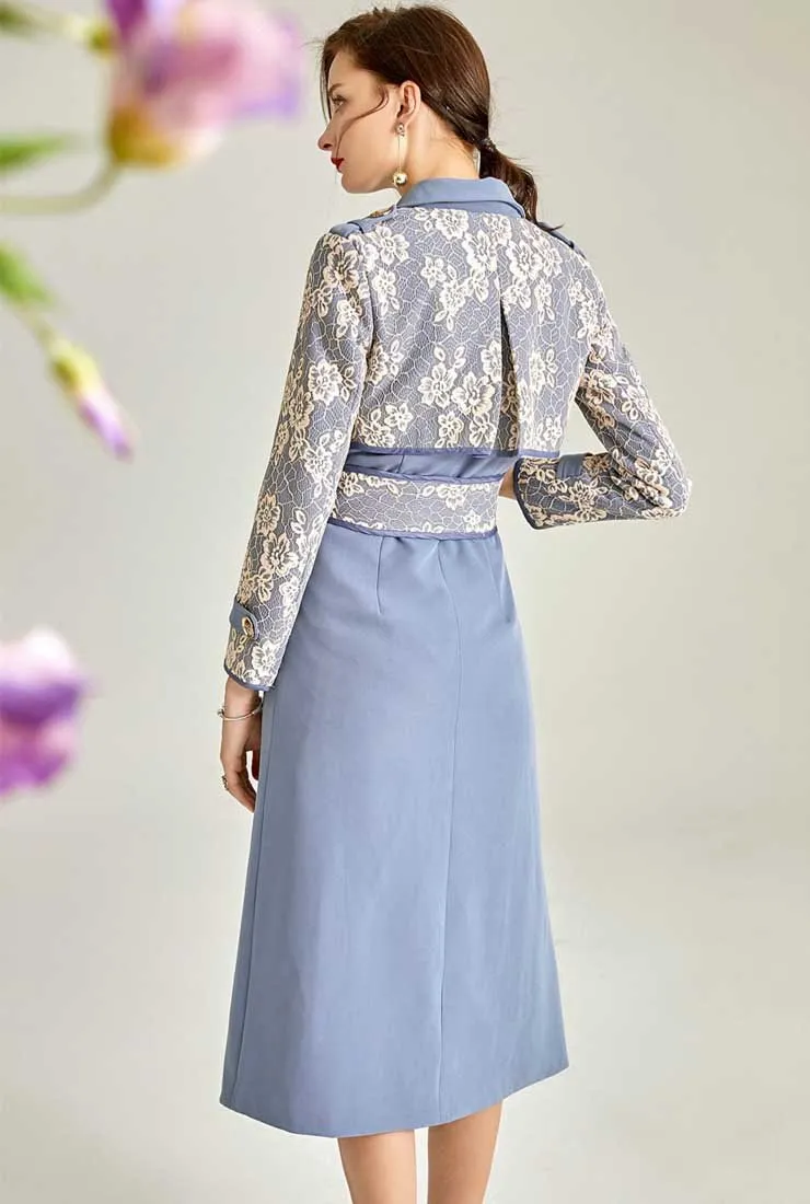 Mid-length Blue Lace Trench Coat