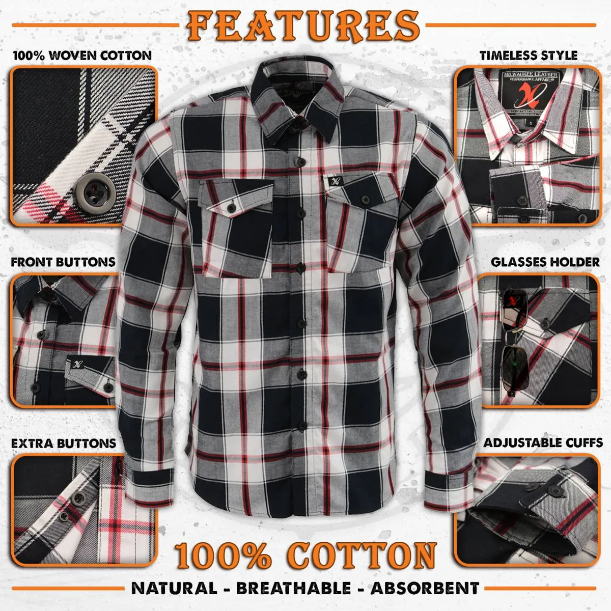 Milwaukee Leather MNG11625 Men's Flannel Plaid Black and White with Red Long Sleeve Cotton Button Down Shirt