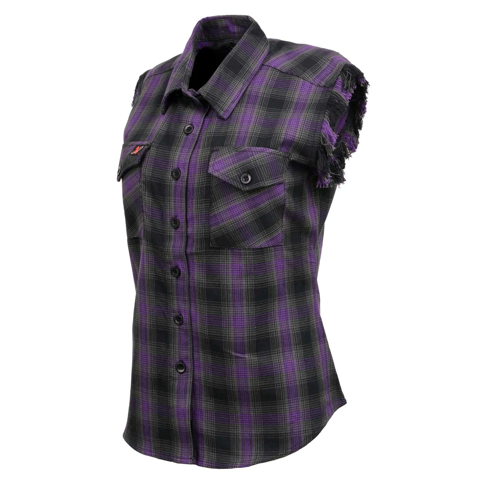 Milwaukee Leather MNG21624 Women's Flannel Black/Purple Button Sleeveless Cut Off Shirt w/ Frill Arms