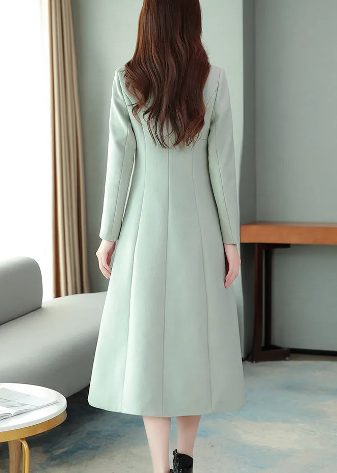 Mint Green Embroideried Floral Woolen Maxi Trench Coat Long Sleeve