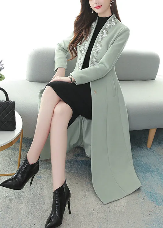 Mint Green Embroideried Floral Woolen Maxi Trench Coat Long Sleeve