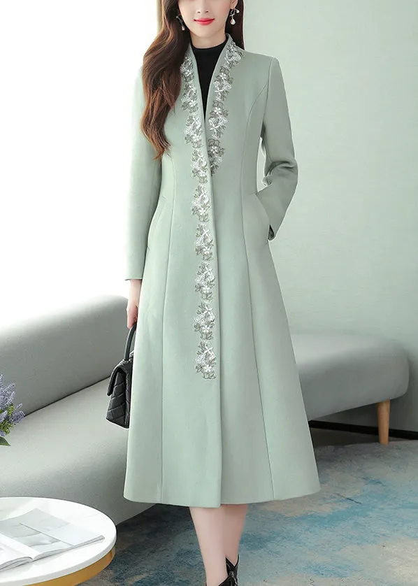 Mint Green Embroideried Floral Woolen Maxi Trench Coat Long Sleeve