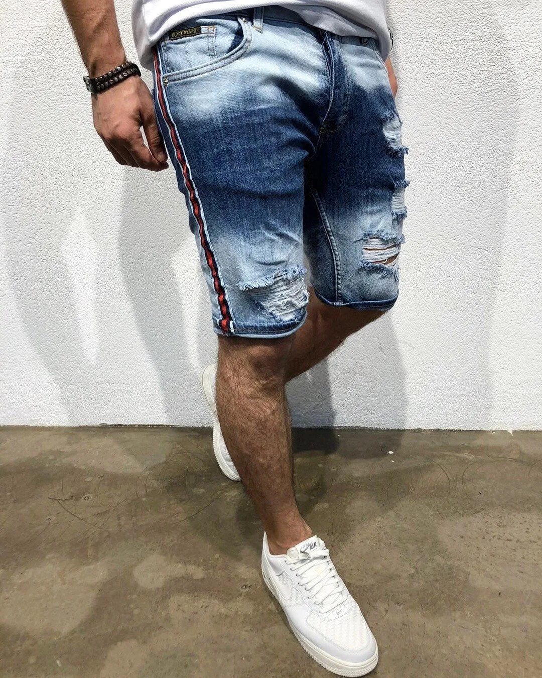 Navy Red Side Striped Slim Fit Denim Short B165 Streetwear Denim Shorts