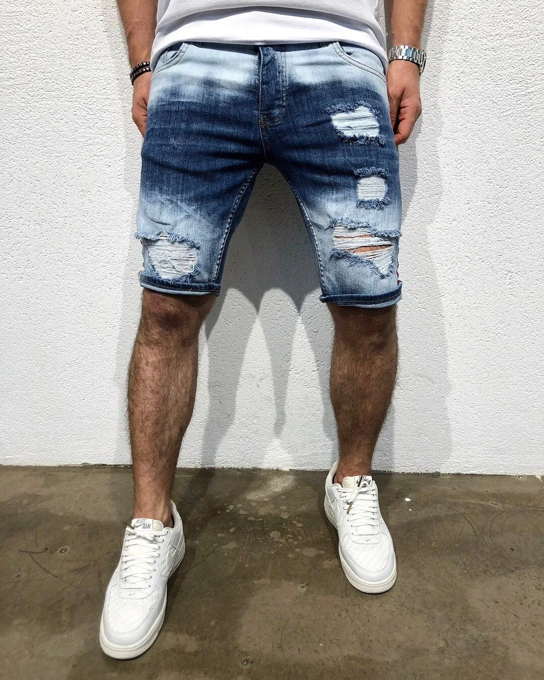 Navy Red Side Striped Slim Fit Denim Short B165 Streetwear Denim Shorts