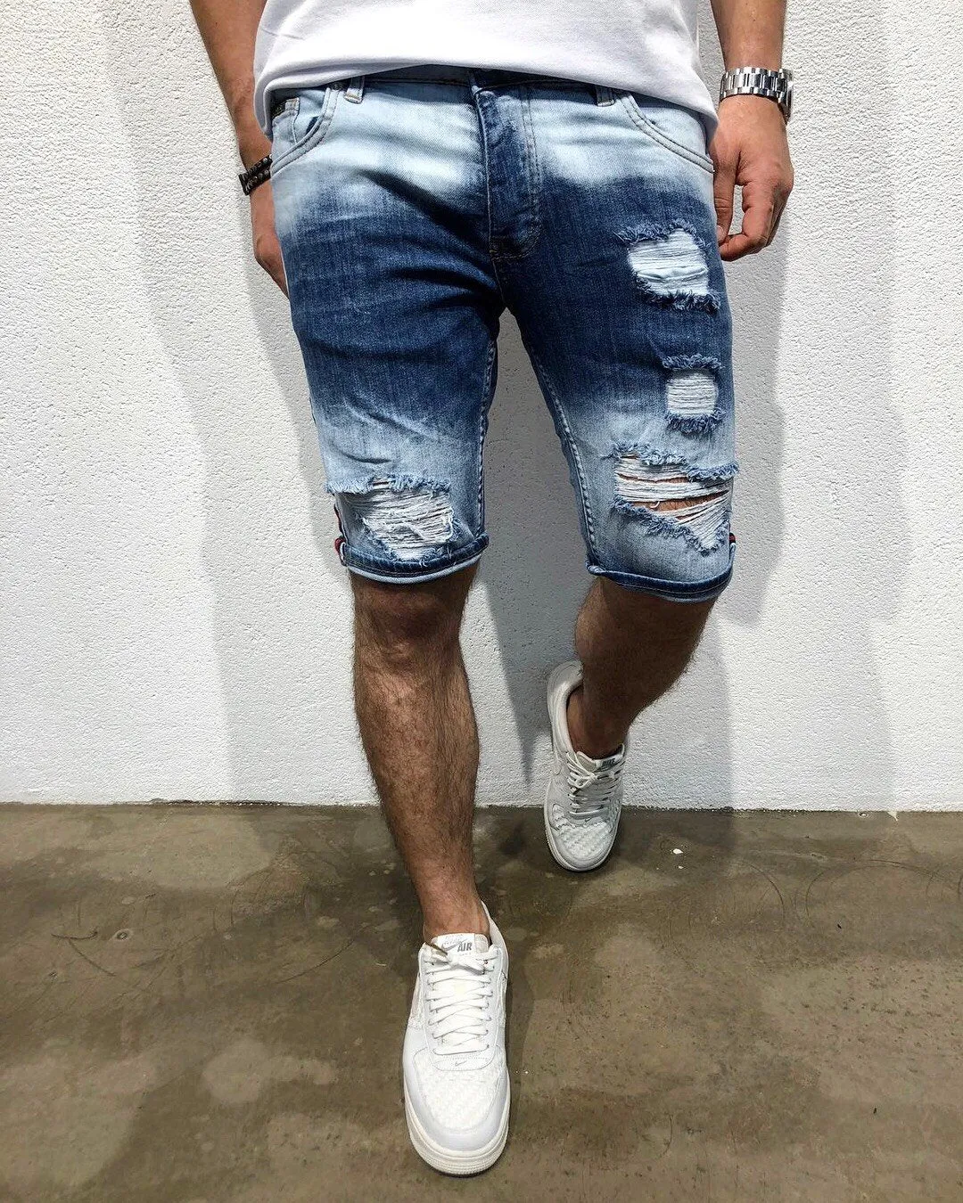 Navy Red Side Striped Slim Fit Denim Short B165 Streetwear Denim Shorts