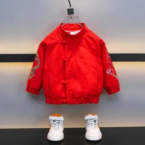 Spring and Autumn 2024 Boys Fashion Casual Red Dragon and Dance Lion Pattern/Coat 2-6 Years Old