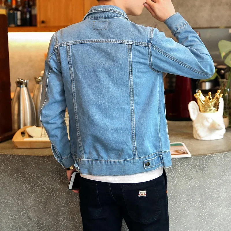 Spring Autumn Mens Trendy Fashion Bomber Thin Ripped Denim Jacket