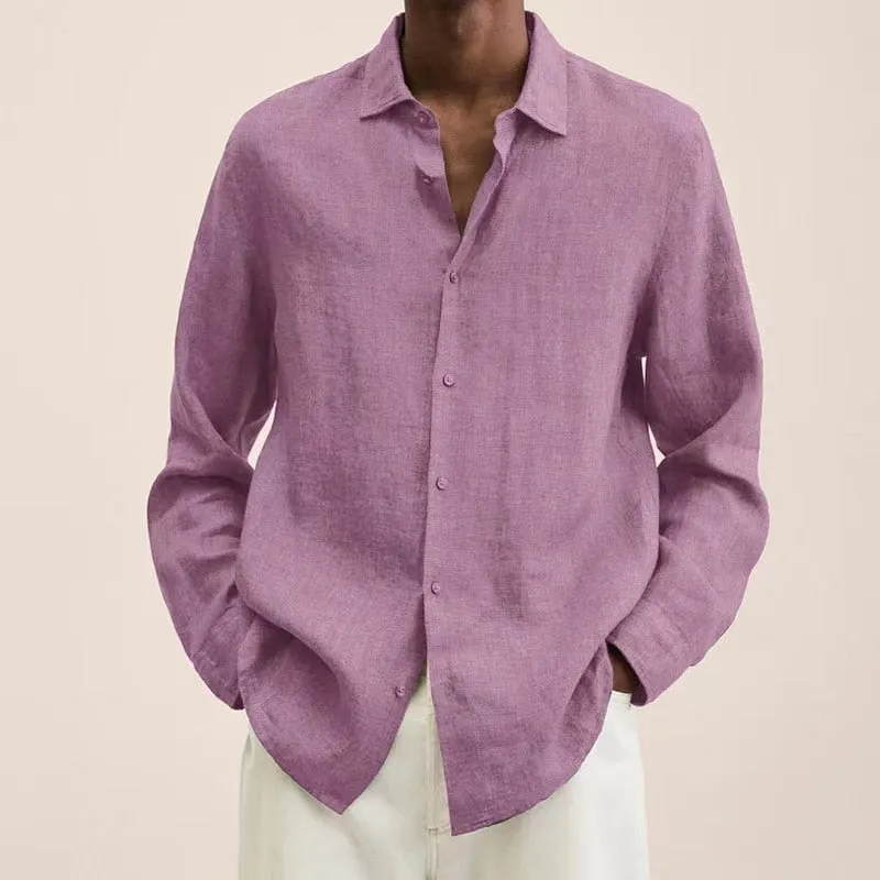 Spring Men Shirts Loose Linen Solid Long Sleeve Turn-Down Collar