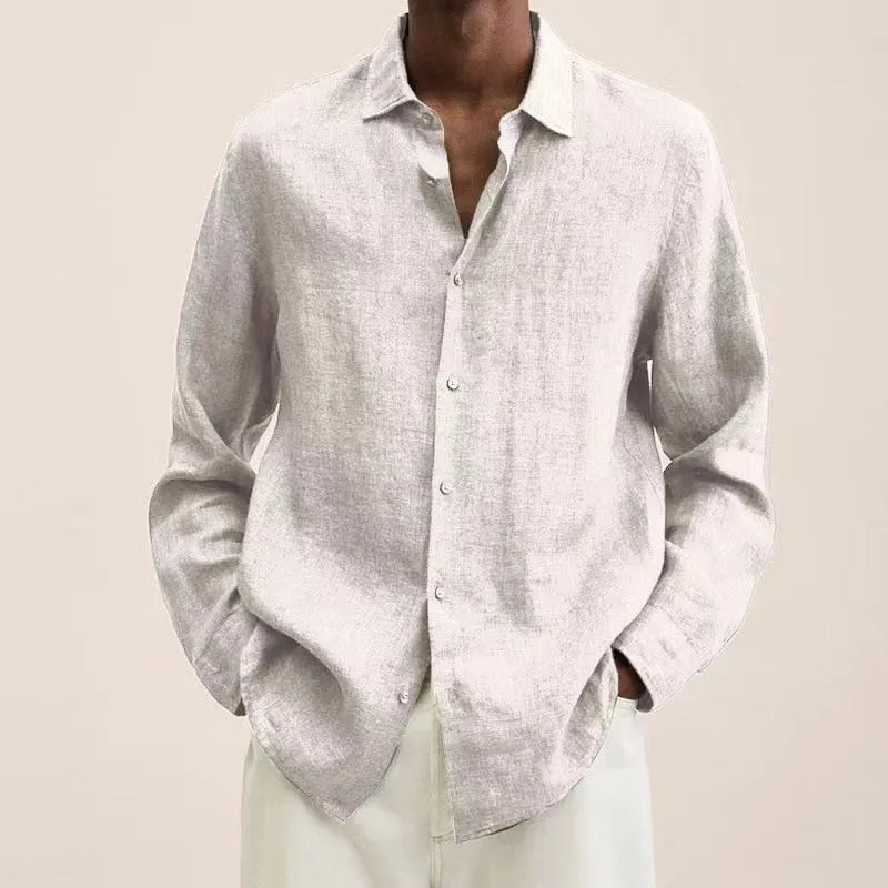 Spring Men Shirts Loose Linen Solid Long Sleeve Turn-Down Collar