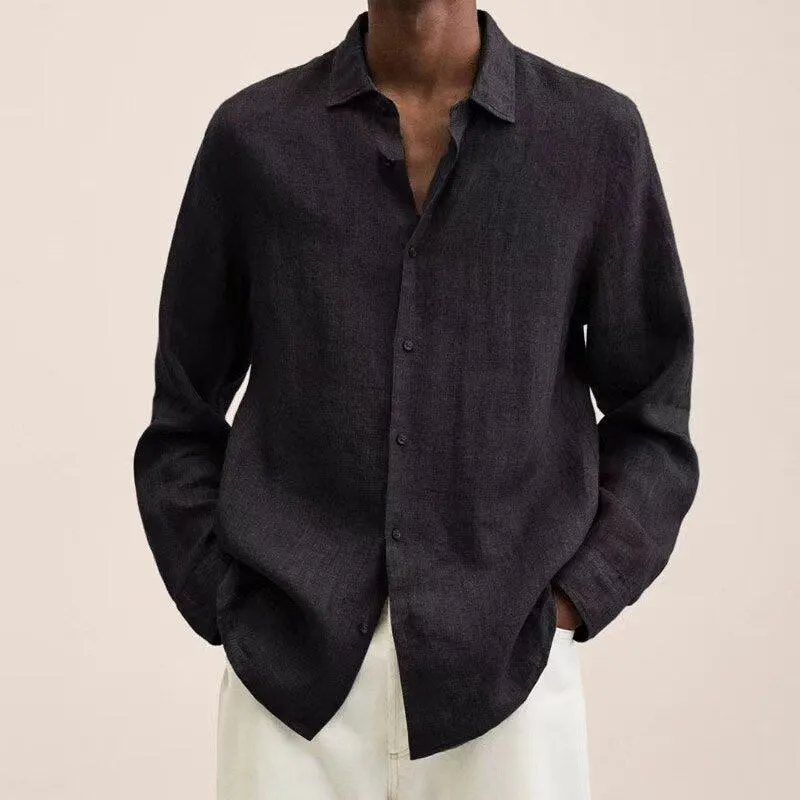 Spring Men Shirts Loose Linen Solid Long Sleeve Turn-Down Collar