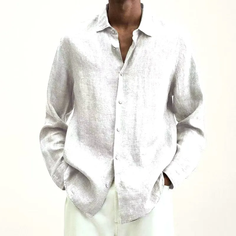 Spring Men Shirts Loose Linen Solid Long Sleeve Turn-Down Collar