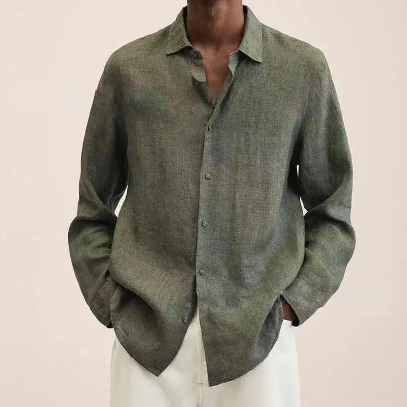 Spring Men Shirts Loose Linen Solid Long Sleeve Turn-Down Collar