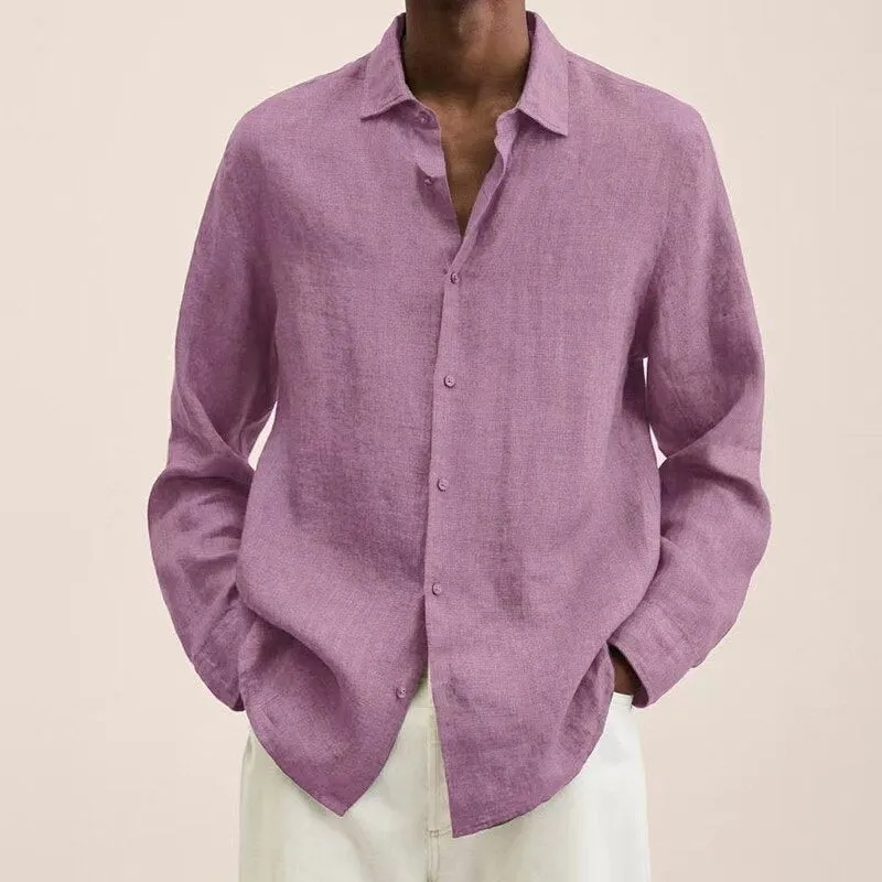 Spring Men Shirts Loose Linen Solid Long Sleeve Turn-Down Collar