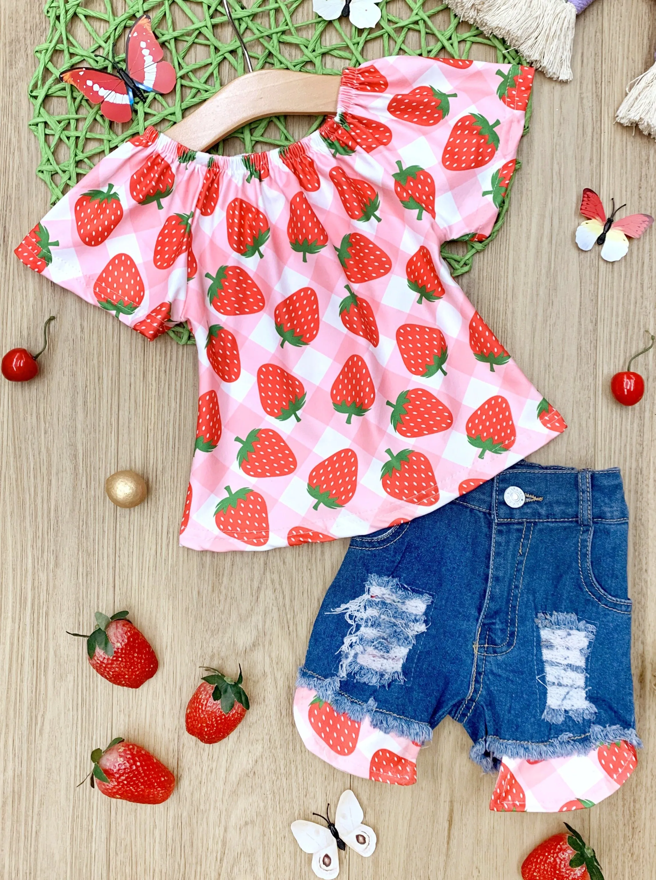 Strawberry Heaven Denim Shorts Set