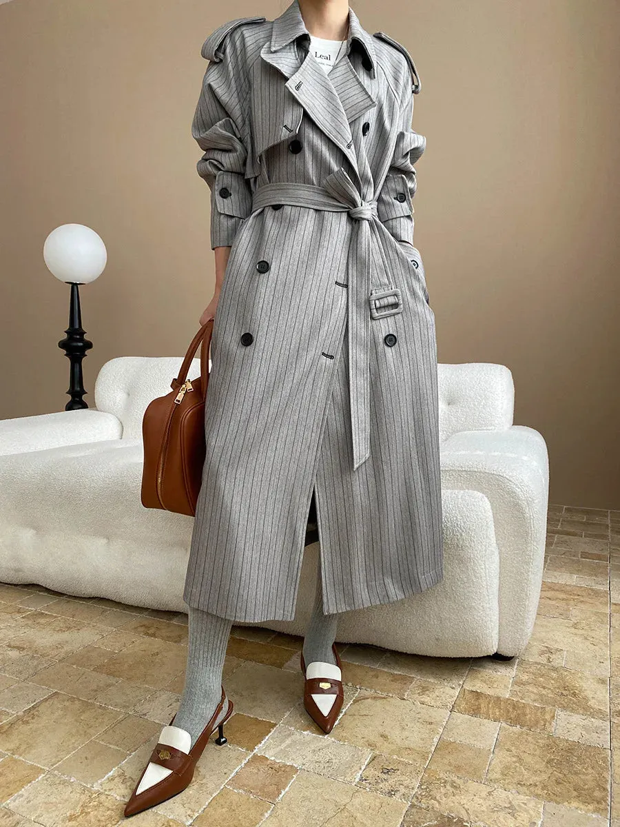 Stripe Lace-up Lapel Patchwork Double Breasted Loose Maxi Trench Coat