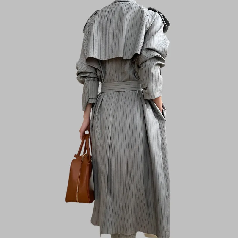 Stripe Lace-up Lapel Patchwork Double Breasted Loose Maxi Trench Coat