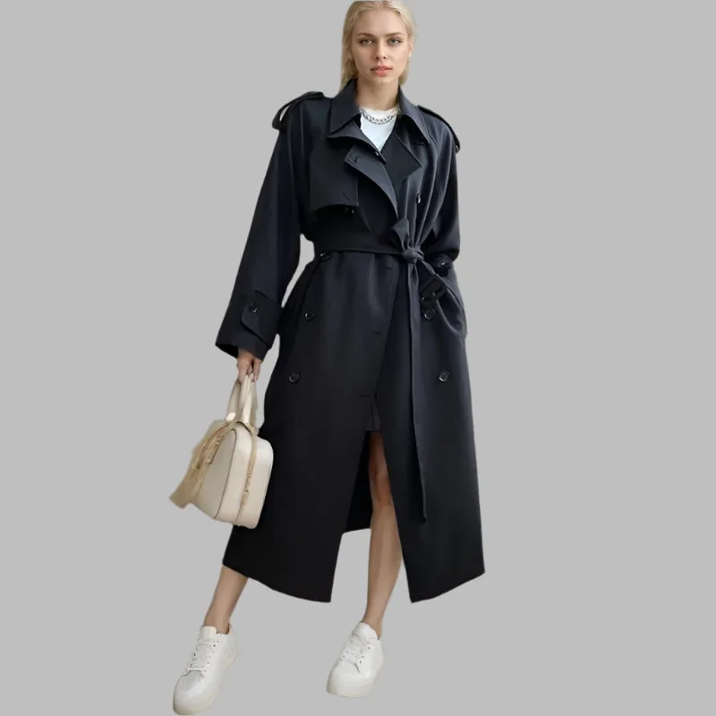 Stripe Lace-up Lapel Patchwork Double Breasted Loose Maxi Trench Coat