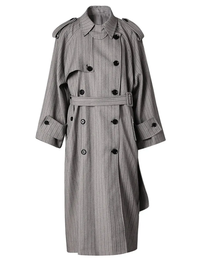 Stripe Lace-up Lapel Patchwork Double Breasted Loose Maxi Trench Coat