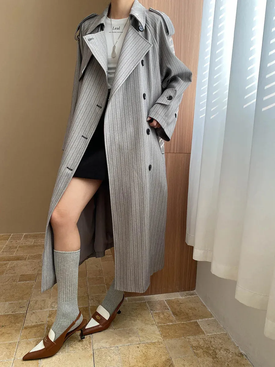 Stripe Lace-up Lapel Patchwork Double Breasted Loose Maxi Trench Coat