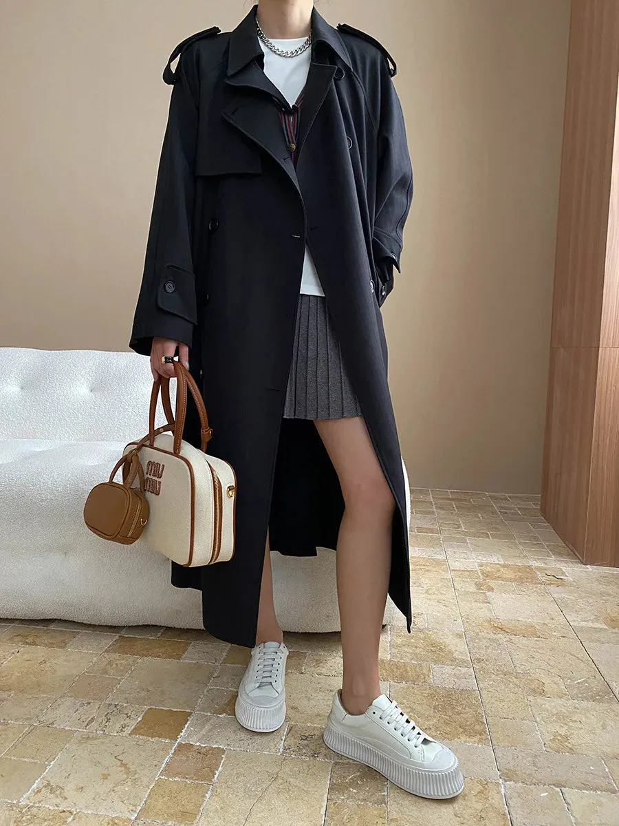 Stripe Lace-up Lapel Patchwork Double Breasted Loose Maxi Trench Coat