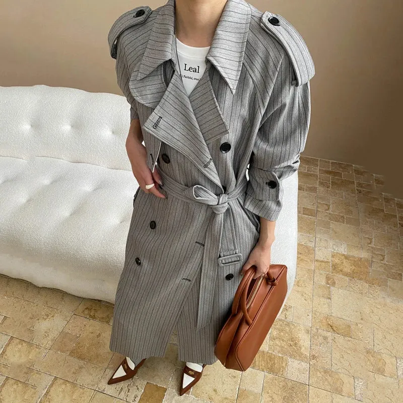 Stripe Lace-up Lapel Patchwork Double Breasted Loose Maxi Trench Coat