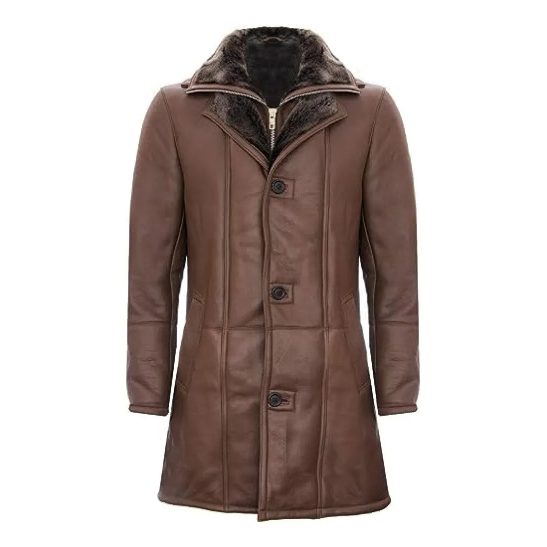 Stylish Leather Trench Coat With Inner Fur And Full Zip And Button Closer