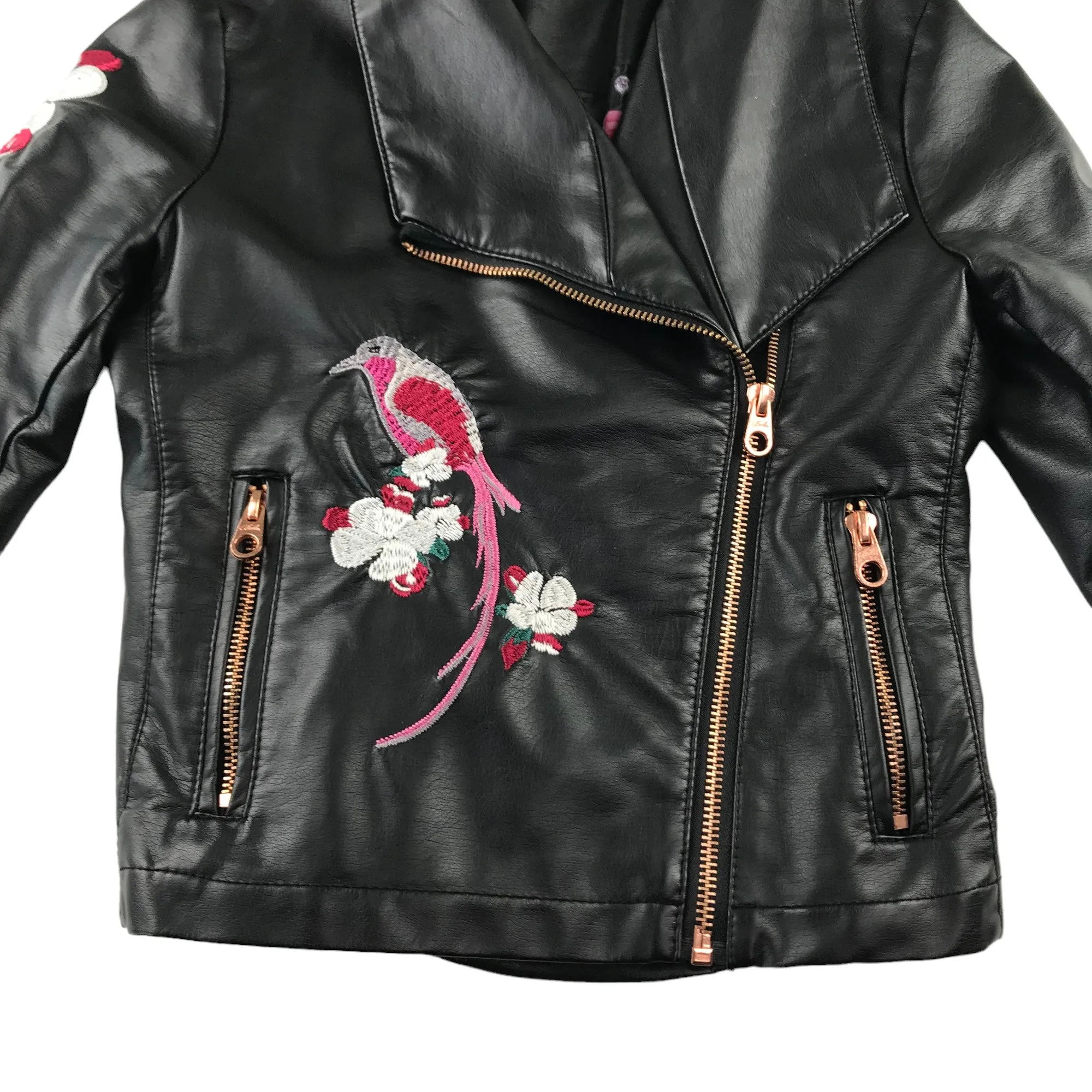 Ted Baker Biker Jacket 9 years black faux leather with floral birds embroidery