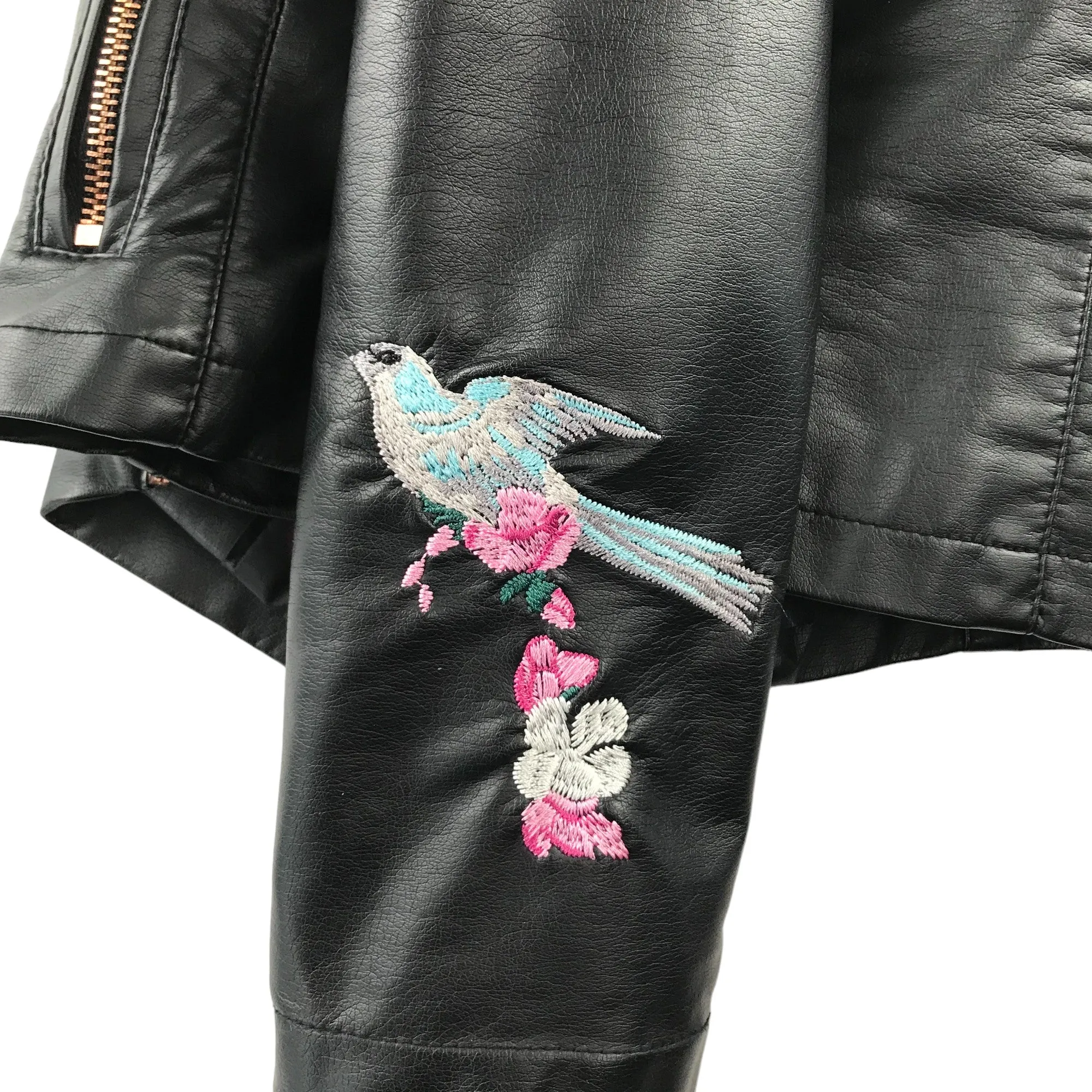 Ted Baker Biker Jacket 9 years black faux leather with floral birds embroidery