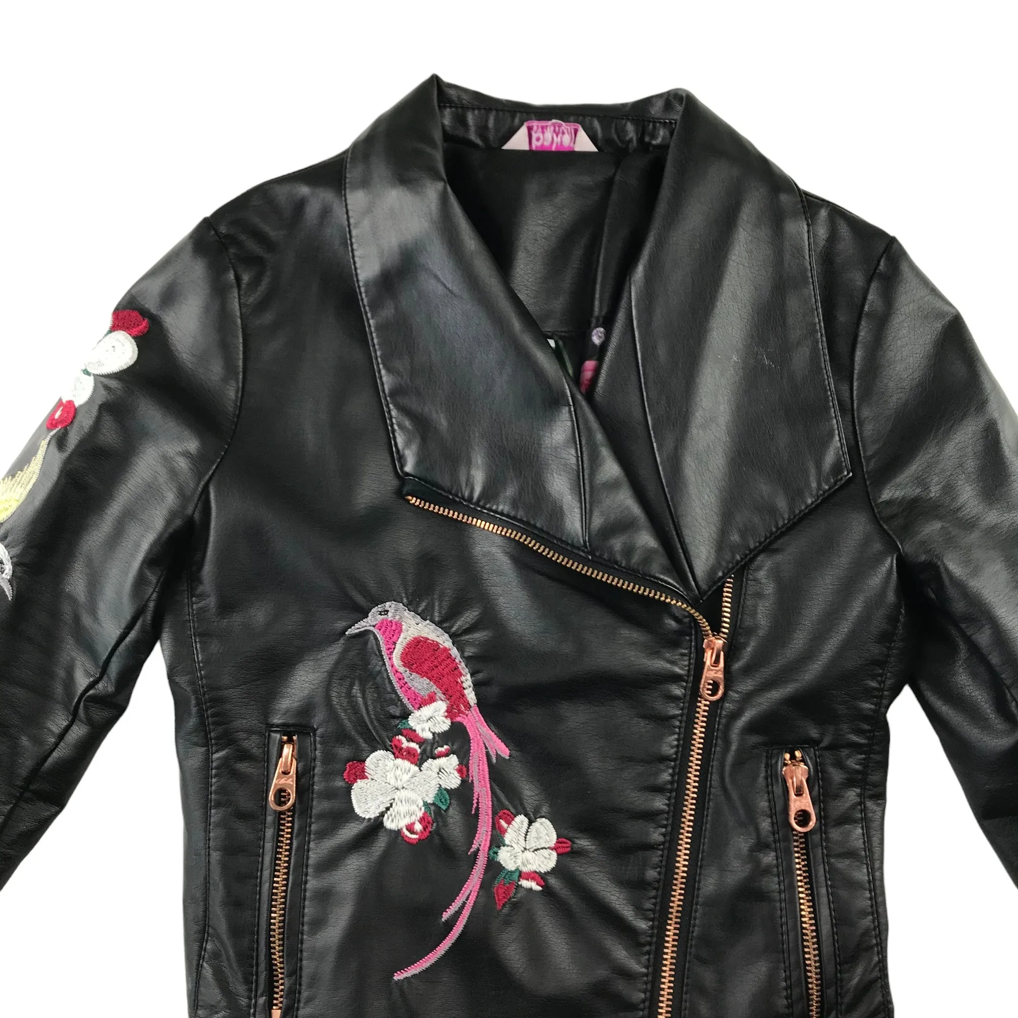 Ted Baker Biker Jacket 9 years black faux leather with floral birds embroidery