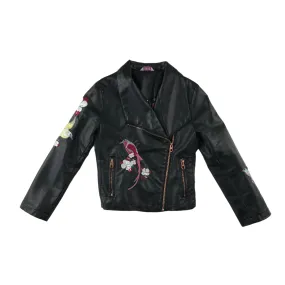 Ted Baker Biker Jacket 9 years black faux leather with floral birds embroidery