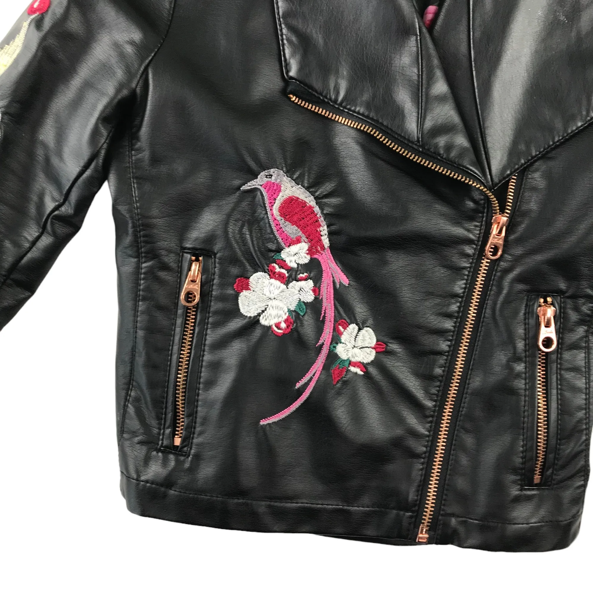 Ted Baker Biker Jacket 9 years black faux leather with floral birds embroidery