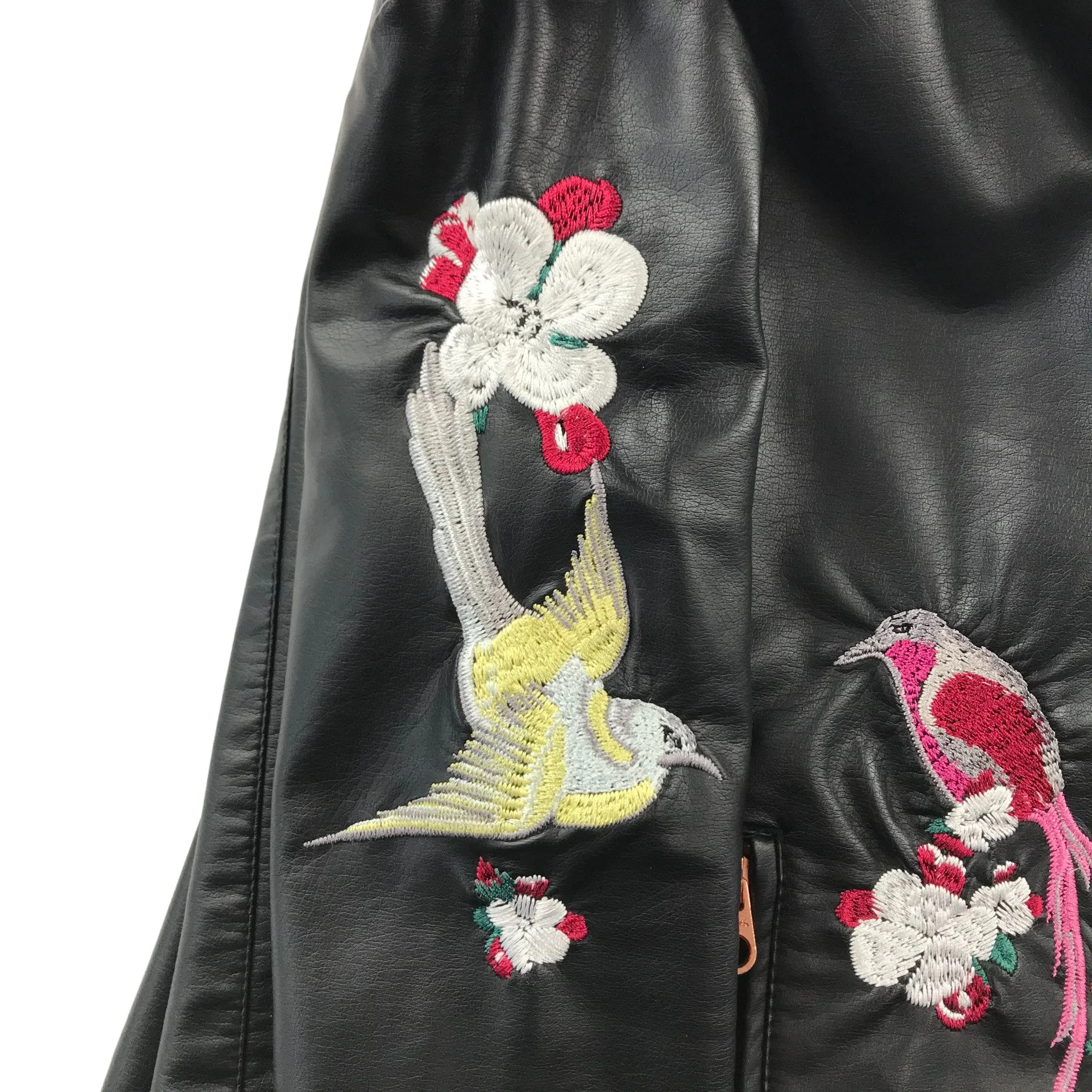 Ted Baker Biker Jacket 9 years black faux leather with floral birds embroidery