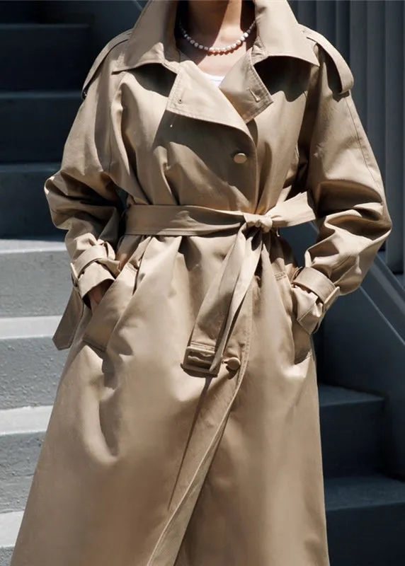 Vogue Khaki Peter Pan Collar Button Pockets Cotton Trench Coats Long Sleeve