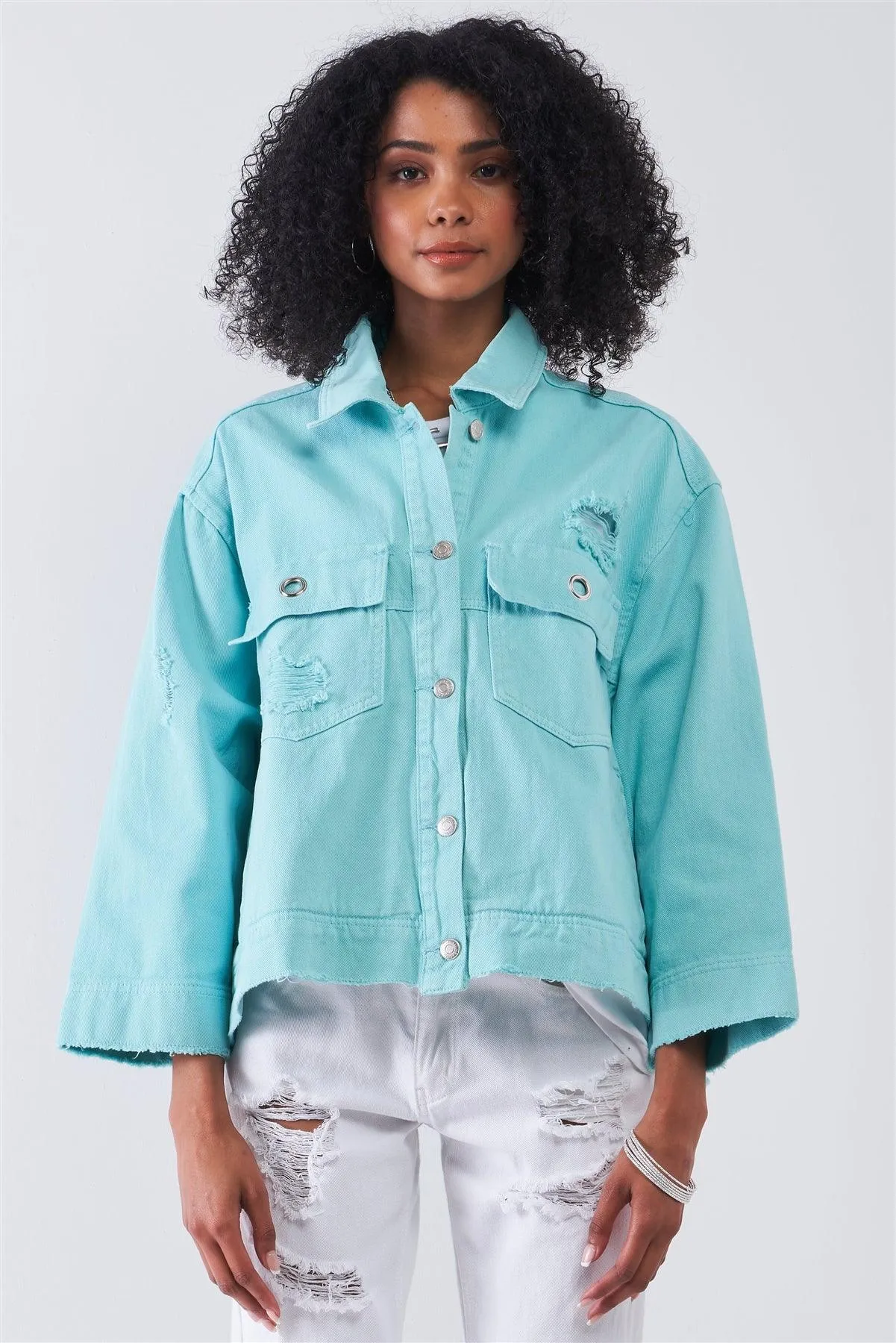 Washed Mint Distressed Button-Down Front Raw Hem Detail Wide Sleeve Oversized Denim Jacket /3-3