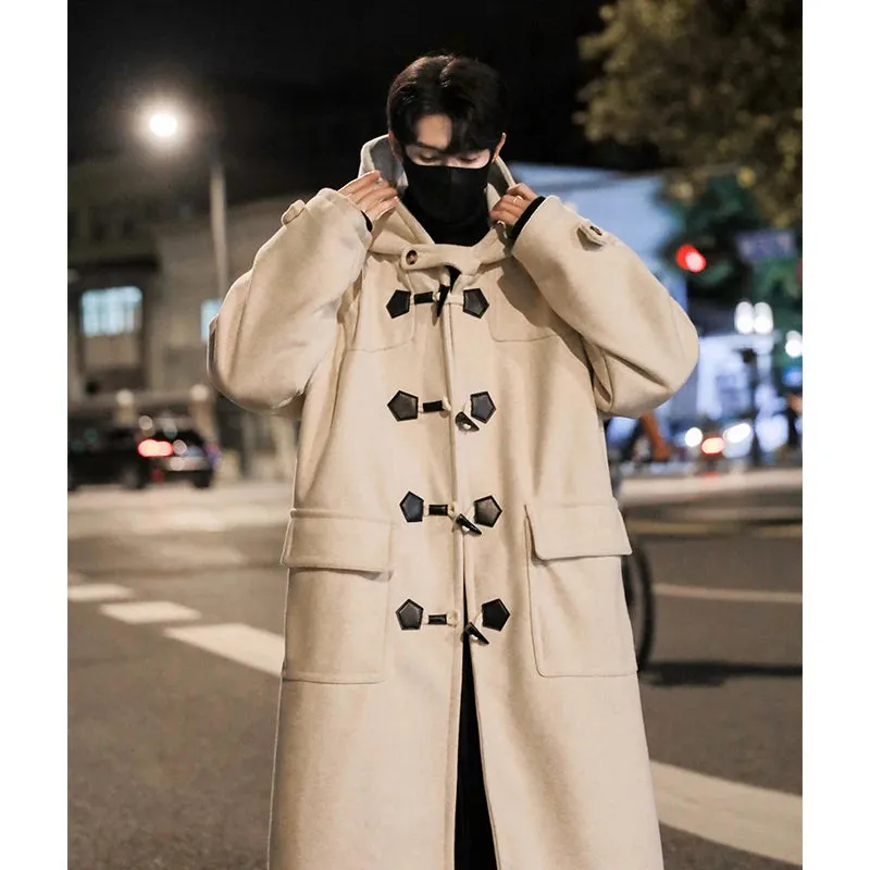 Wiaofellas  -  Preppy Horn Button Woolen Trench Men Korean-style Casual Long Windbreaker Winter Hooded Jacket Coats Fashion Trenchcoat