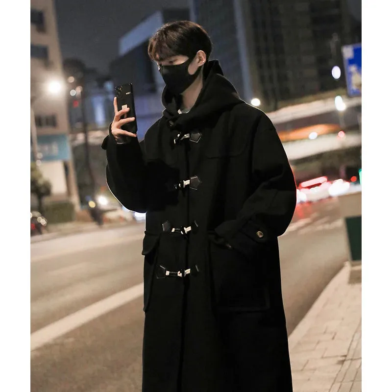 Wiaofellas  -  Preppy Horn Button Woolen Trench Men Korean-style Casual Long Windbreaker Winter Hooded Jacket Coats Fashion Trenchcoat