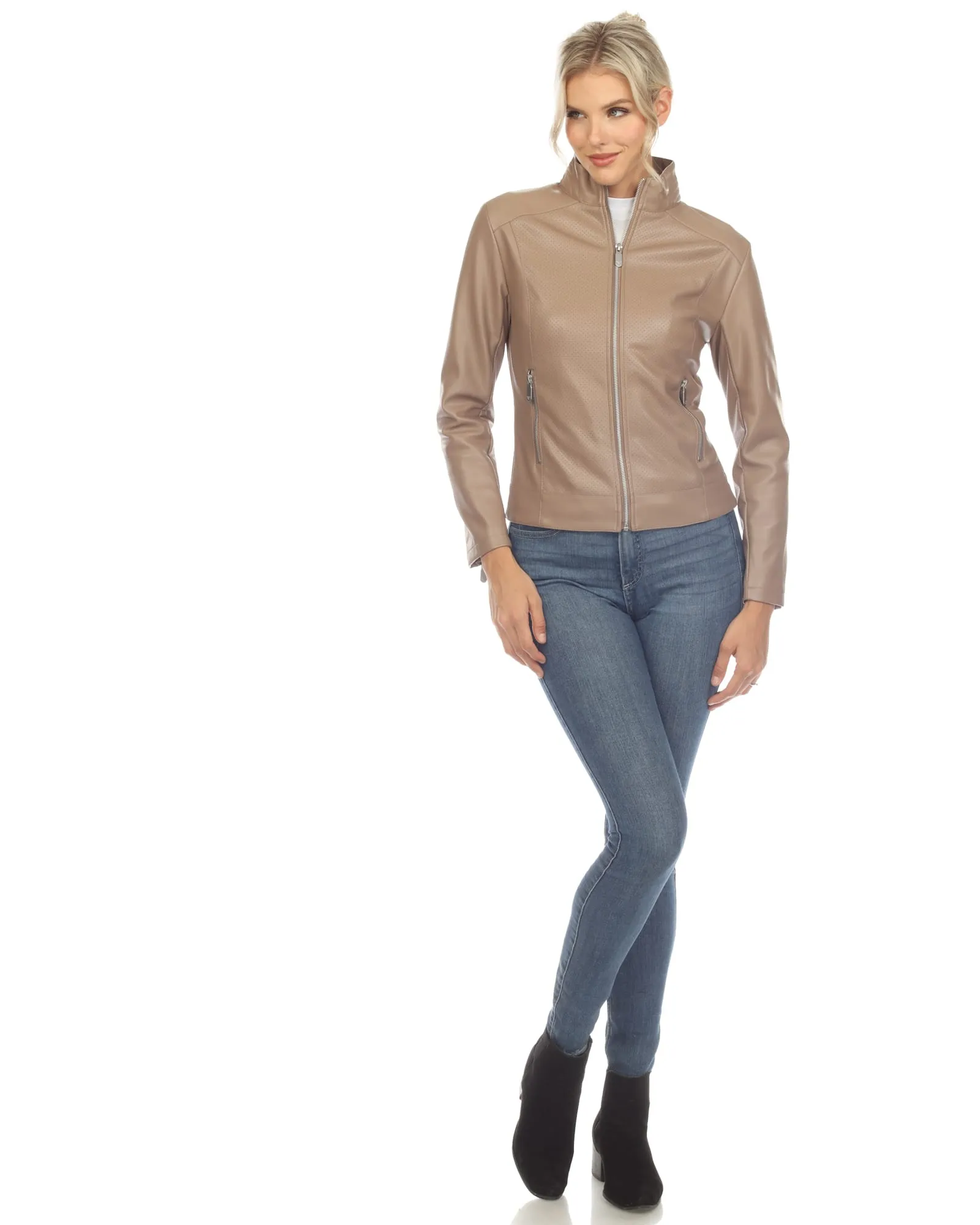 Women's Classic Biker Faux Leather Jacket | Taupe