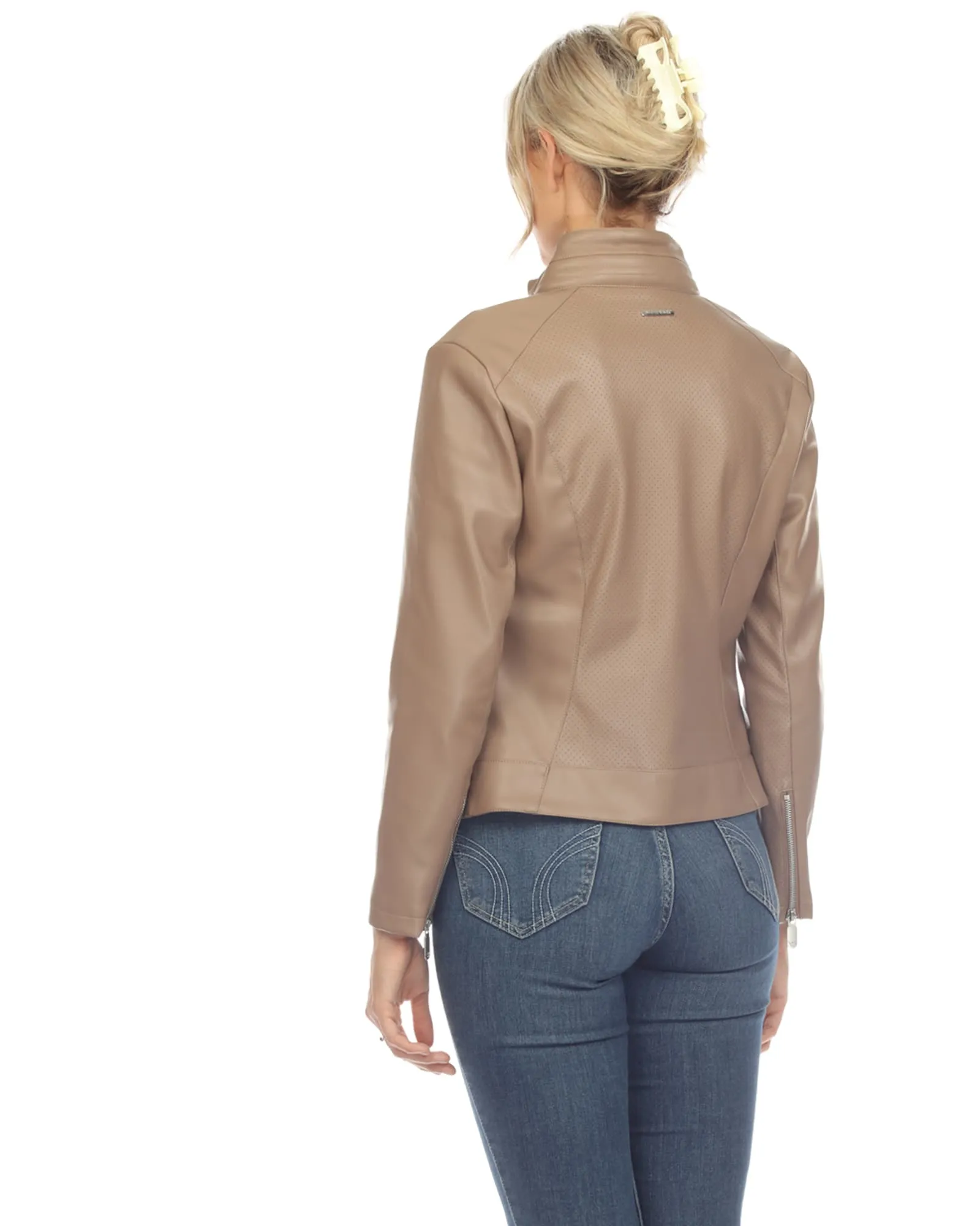 Women's Classic Biker Faux Leather Jacket | Taupe